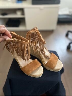 kanna Tan Suede Fringe Espadrille Wedge Sandals